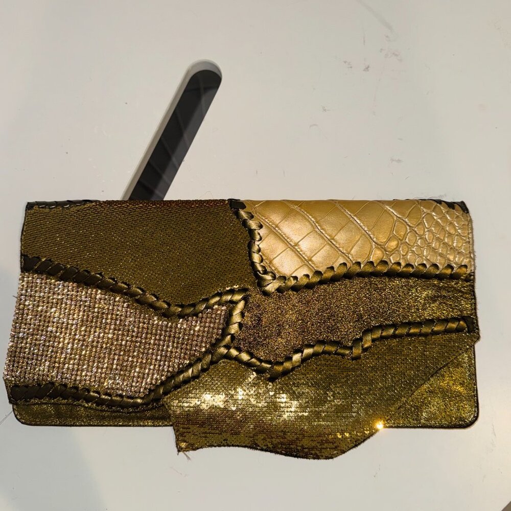 Balmain Gold Croc Leather, Suede, and Rhinestone Patchwork Clutch - Picture 9 of 10
